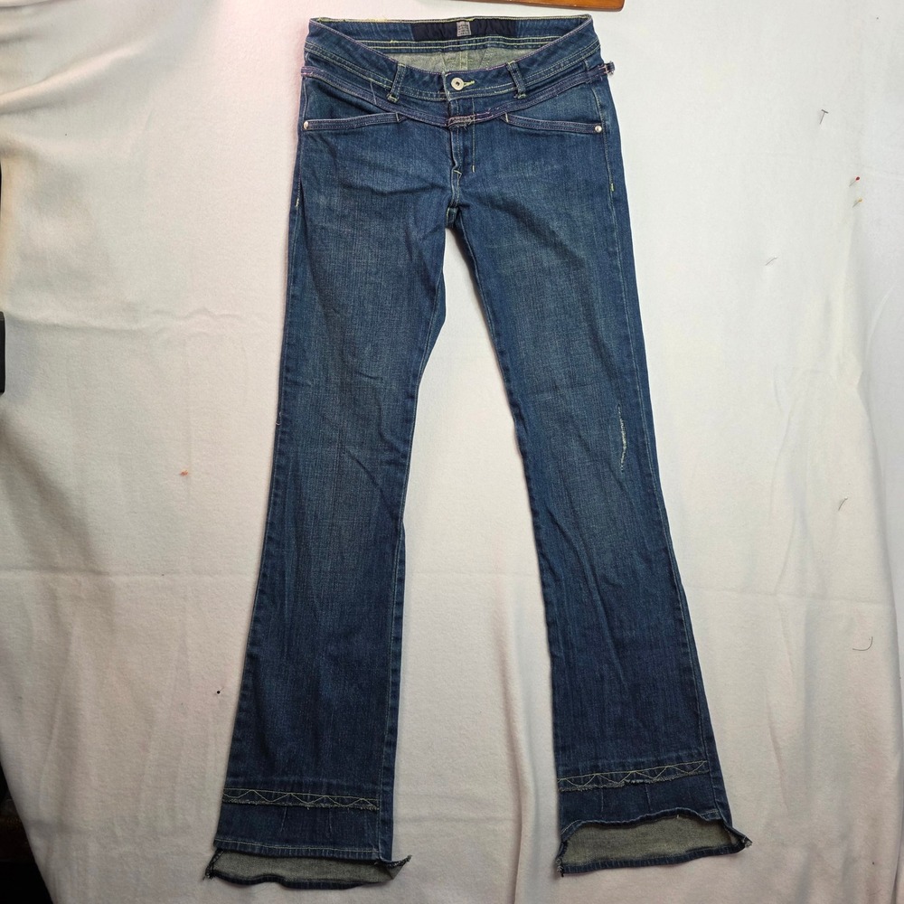Marithe Francois Girbaud Low Rise Flare Jeans Blue Contrast Stitch Size 26 Y2K